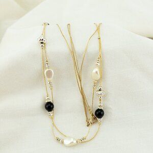 Gold Black and White Bead Long Statement Necklace
